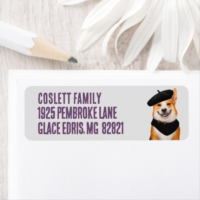 Cute Chic Corgi Dog Wearing Beret & Bandanna Label (Insitu)