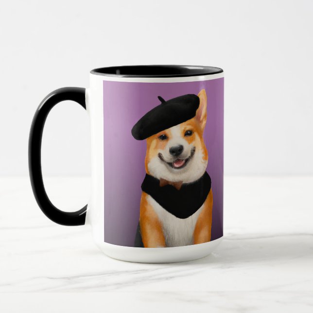 Cute Chic Corgi Dog Wearing Beret & Bandanna Mug (Left)