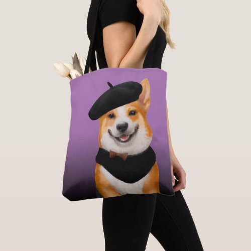 Cute Chic Corgi Dog Wearing Beret  Bandanna Tote Bag