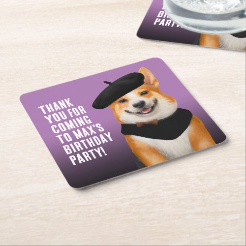 Cute Chic Corgi Dogs Birthday Thank You Square Paper Coaster