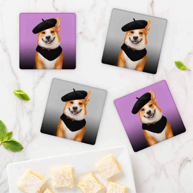 Cute Chic Corgi Dogs Wearing Berets & Bandanas Coaster Set (In Situ)