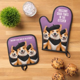 Cute Chic Corgi Dogs Wearing Berets & Bandanas Mitt & Potholder Set