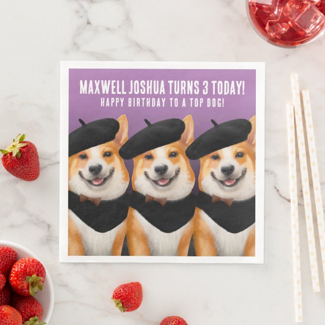Cute Chic Corgi Dogs Wish You Happy Birthday Paper Dinner Napkins (Insitu)