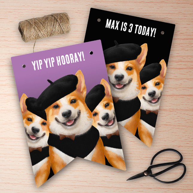 Cute Chic Corgis Yip Yip Hooray Happy Birthday Bunting Flags (Cute Corgi Dogs "Yip Yip Hooray!" Children's Birthday Bunting Flags Cover Photo.)
