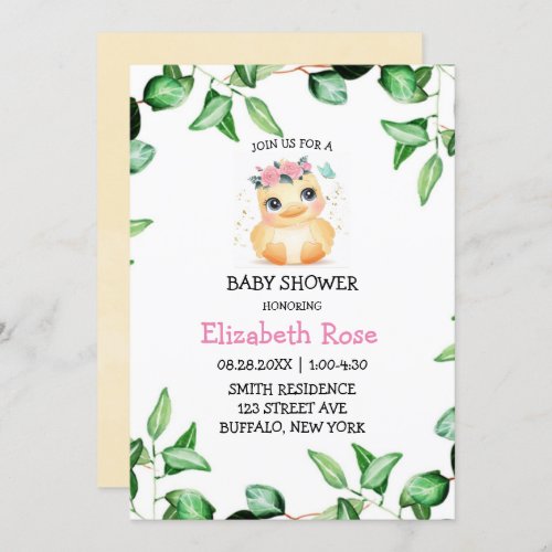 Cute Chic Duckling Green Ivy Leaves Baby Shower Invitation