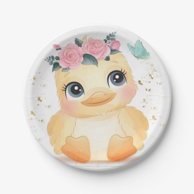 Cute Chic Duckling Pink Rose Gold Baby Shower Paper Plates (Front)