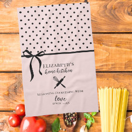 Cute Chic Girly Blush Pink and Black Polka Dot Kitchen Towel