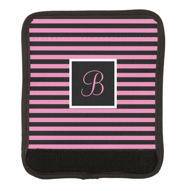 Cute Chic Initial Letter Pink and Black Striped Luggage Handle Wrap (Front)