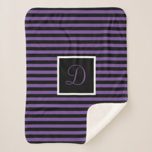 Cute Chic Initial Purple and Black Striped Sherpa Blanket