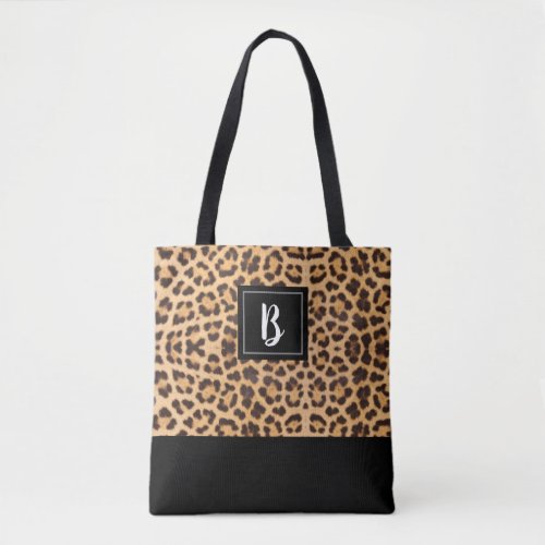 Cute Chic Leopard Animal Print Brown Black Initial Tote Bag