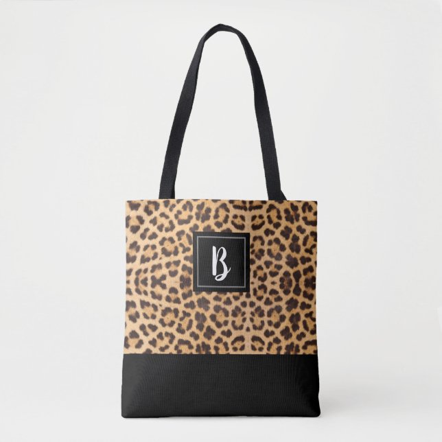 Cute Chic Leopard Animal Print Brown Black Initial Tote Bag (Front)