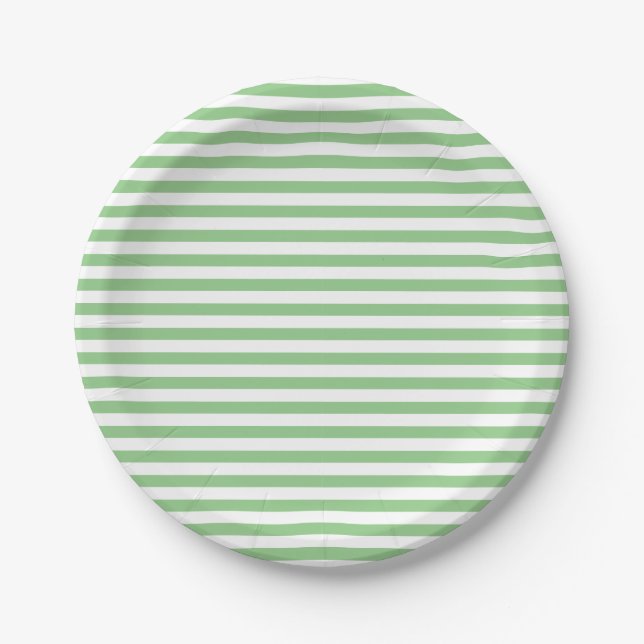 Cute Chic Light Sage Green and White Striped Paper Plates (Front)