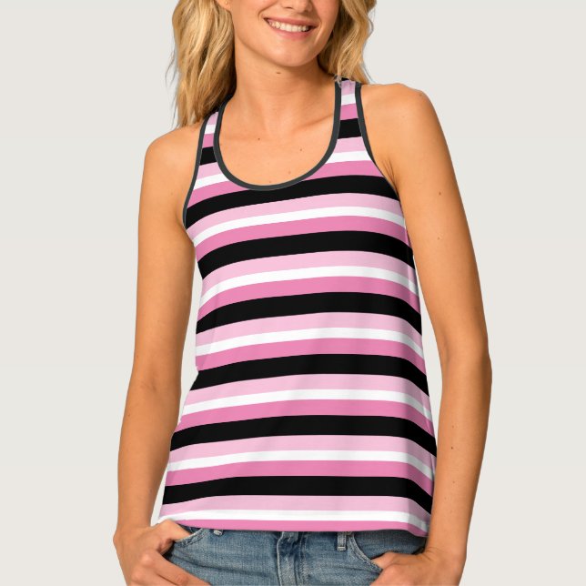 Cute Chic Minimal Pink, Black & White Stripes  Tank Top (Front)