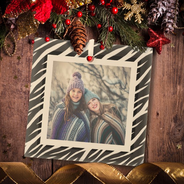 Cute Chic Photo Black White Zebra Custom Christmas Glass Ornament (Creator Uploaded)