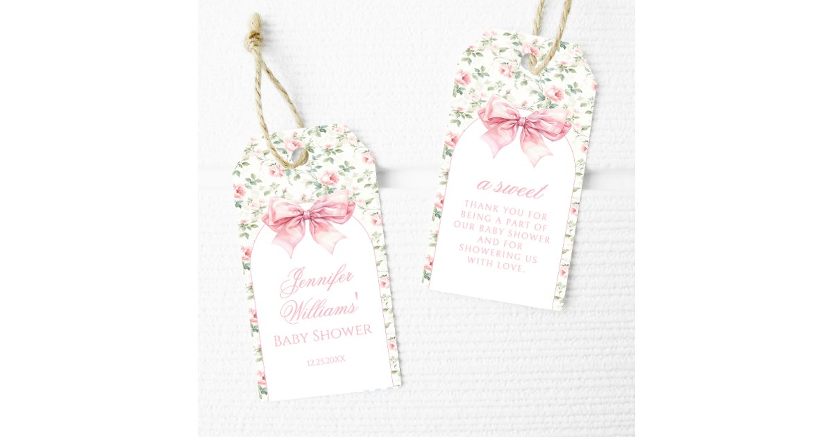 Cute chic pink bow baby girl shower thank you gift tags | Zazzle