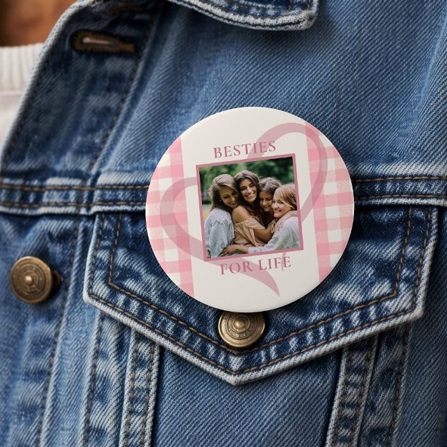 Cute Chic Pink Check Photo Besties Galentine's Day Button (Creator Uploaded)
