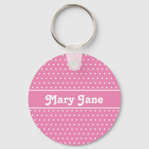 Cute Chic Pink Custom Name Polka Dot Keychain