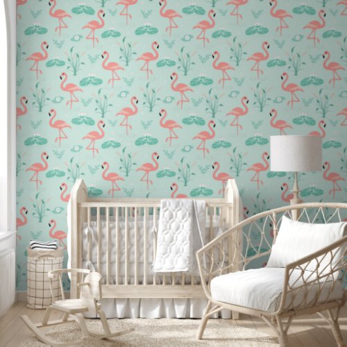 Cute Chic Pink Flamingos In A Pond Pattern Wallpaper