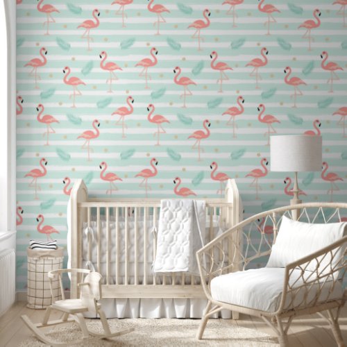 Cute Chic Pink Flamingos Soft Blue Feathers Wallpaper