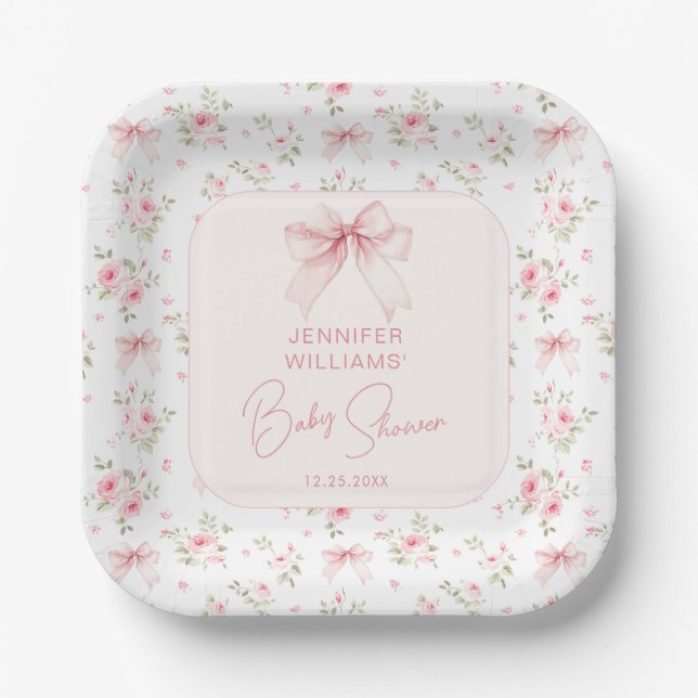 Cute Chic Pink Floral Bow Baby Girl Shower Paper Plates (Front)
