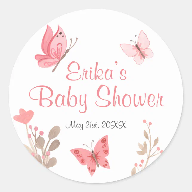 Cute Chic Pink Floral Butterflies Baby Shower Classic Round Sticker ...