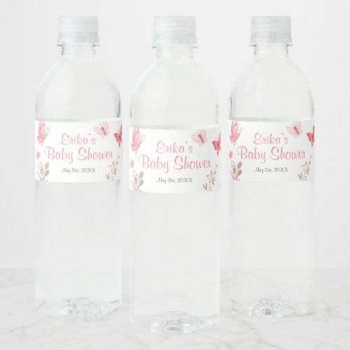 Cute Chic Pink Floral Butterflies Baby Shower Water Bottle Label