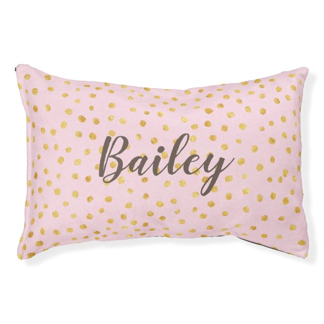 Cute Chic Pink Gold Polka Dot Pattern Personalized Pet Bed (Front)