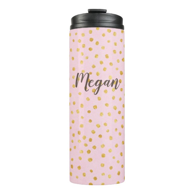 Cute Chic Pink Gold Polka Dot Pattern Personalized Thermal Tumbler (Front)