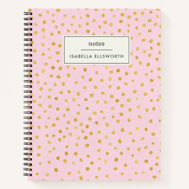 Cute Chic Pink Gold Polka Dot Personalized Notebook (Front)