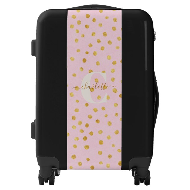 Cute Chic Pink Gold Polka Dots Monogram Name Luggage (Front)