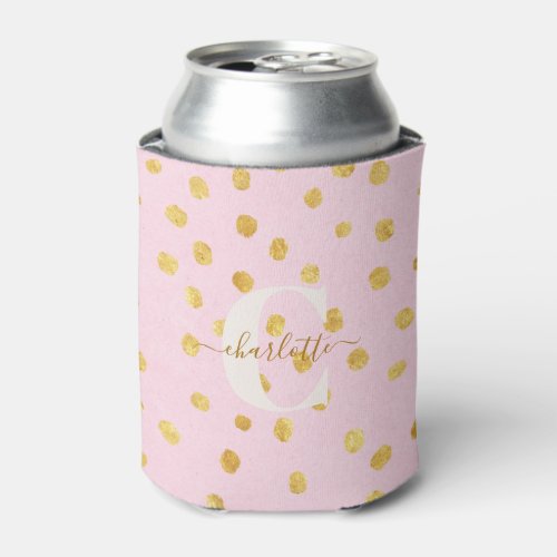 Cute Chic Pink Gold Polka Dots Personalized Name  Can Cooler