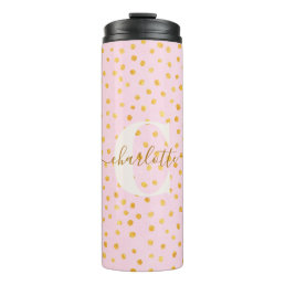 Cute Chic Pink Gold Polka Dots Personalized Name Thermal Tumbler