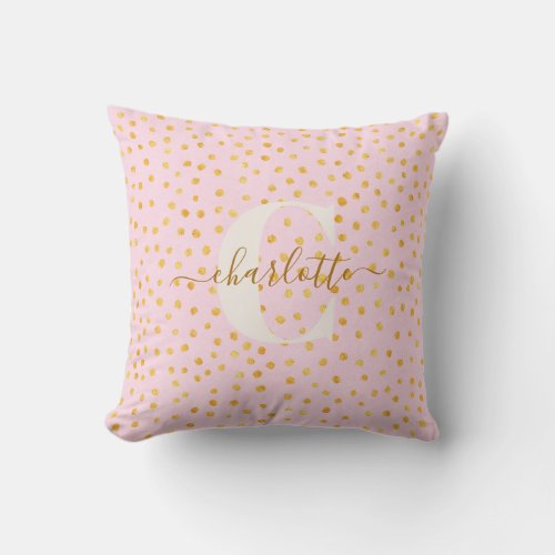 Cute Chic Pink Gold Polka Dots Personalized Name Throw Pillow