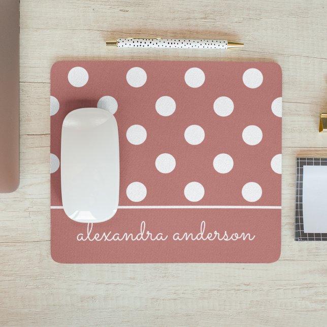 Cute Chic Pink Polka Dot Pattern Personalized Name Mouse Pad (Creator Uploaded)
