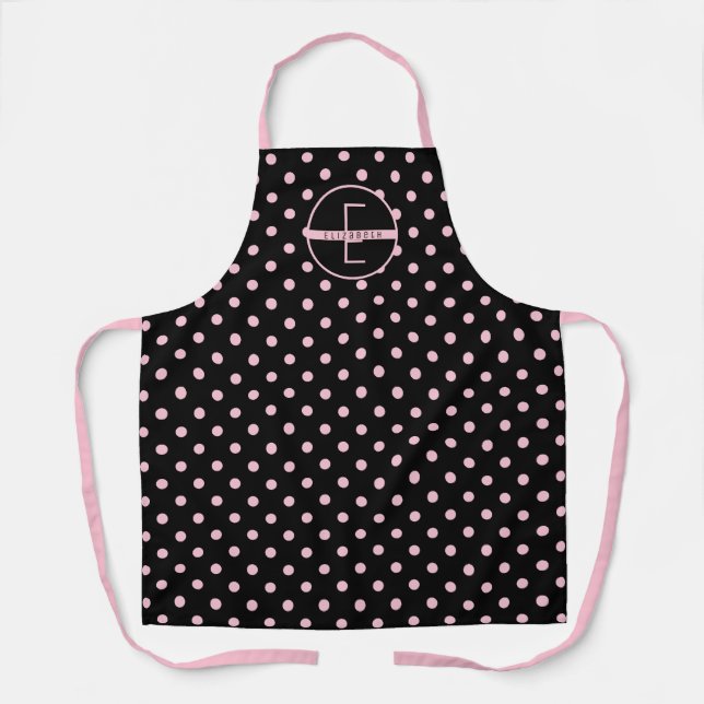 Cute & Chic Pink Polka Dots Pattern Monogram Name Apron (Front)