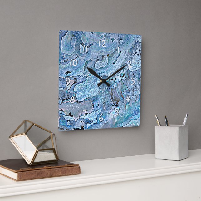 Cute Chic Purple Blue Faux Sea Shell Pattern Square Wall Clock (Office)