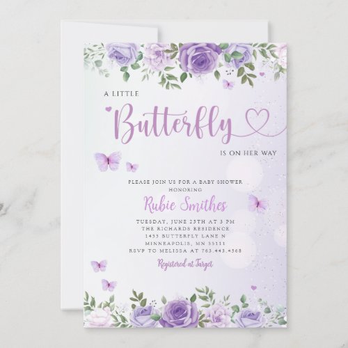 Cute Chic Purple Floral Butterfly Girl Baby Shower Invitation