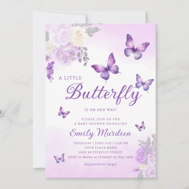 Cute Chic Purple Floral Butterfly Girl Baby Shower Invitation (Front)