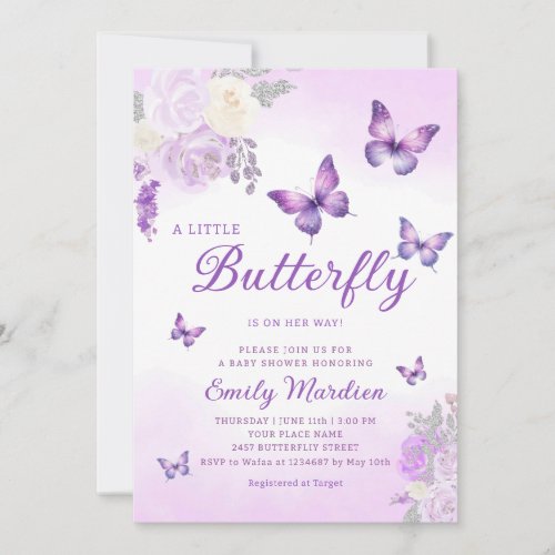 Cute Chic Purple Floral Butterfly Girl Baby Shower Invitation