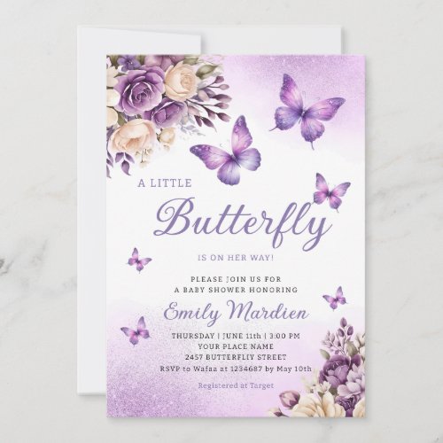 Cute Chic Purple Floral Butterfly Girl Baby Shower Invitation