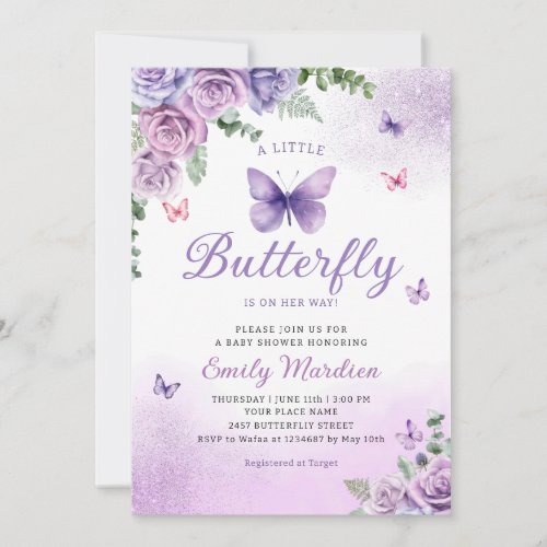 Cute Chic Purple Floral Butterfly Girl Baby Shower Invitation