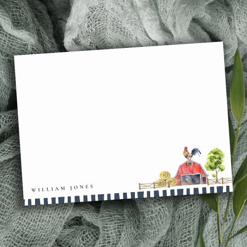 Cute Chic Rustic Red Barn Rooster Farm Watercolor Note Card