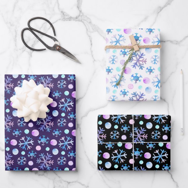 Cute Chic Snowflake Watercolour Christmas Wrapping Paper Sheets (Front)