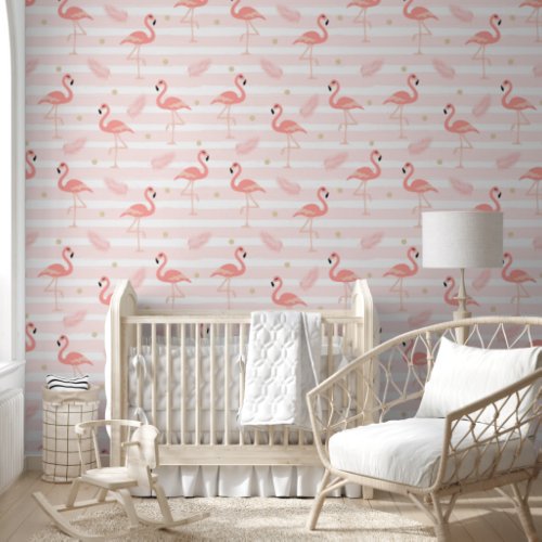 Cute Chic Soft Pink Flamingos and Feathers Wallpaper