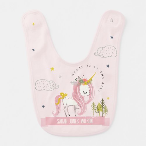 Cute Chic Whimsical Magical Unicorn Pink Princess Baby Bib
