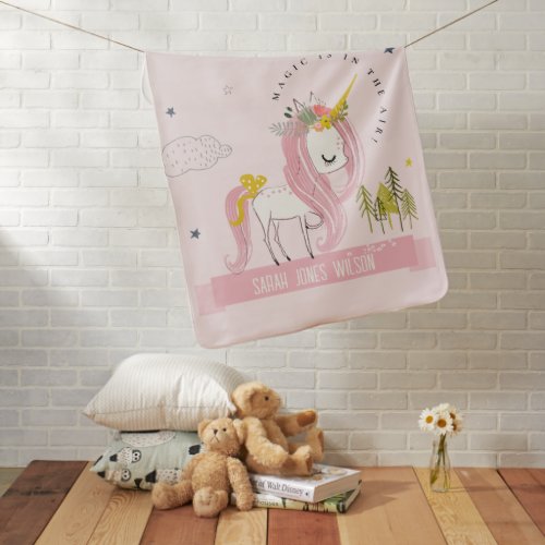 Cute Chic Whimsical Magical Unicorn Pink Princess Baby Blanket