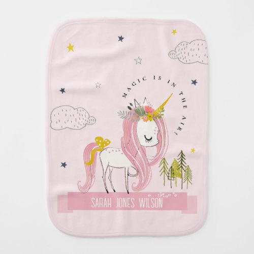 Cute Chic Whimsical Magical Unicorn Pink Princess Baby Burp Cloth