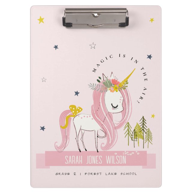 Cute Chic Whimsical Magical Unicorn Pink Princess Clipboard (Front)