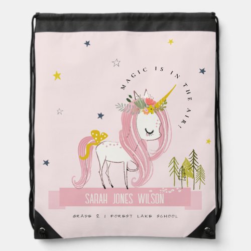 Cute Chic Whimsical Magical Unicorn Pink Princess Drawstring Bag