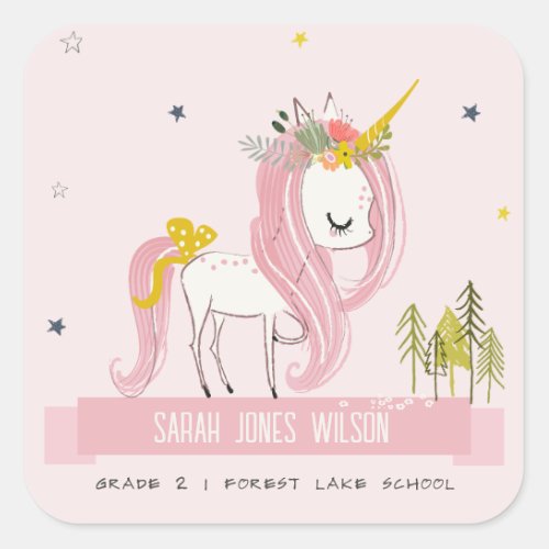 Cute Chic Whimsical Magical Unicorn Pink Princess Square Sticker